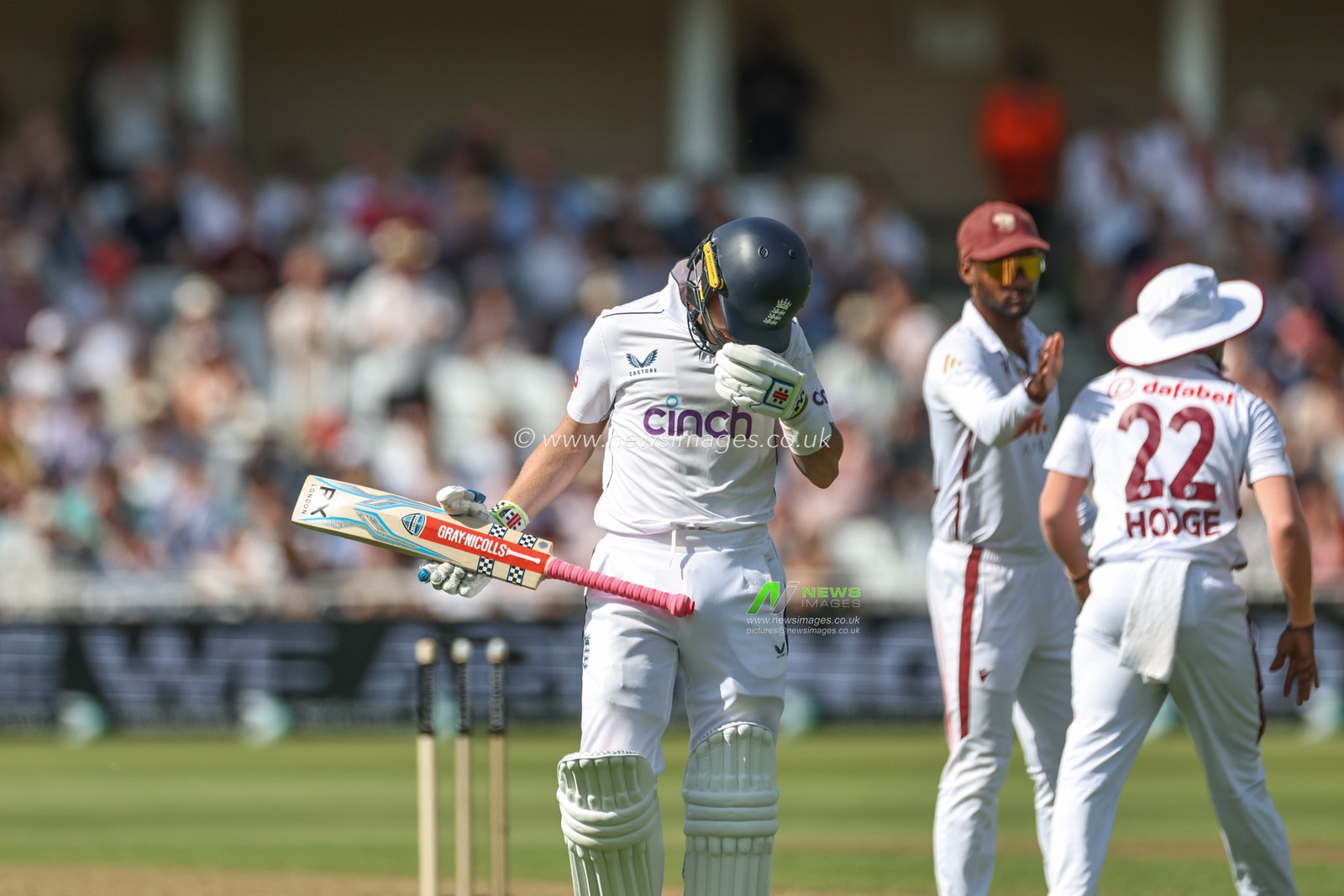 Ollie Pope of England holds his head in his hands after he is caught out by Kavem Hodge of West Indies during the 2nd Rothesay Test Match match England vs West Indies at Trent Bridge, Nottingham, United Kingdom, 18th July 2024

(Photo by Mark Cosgrove/News Images)