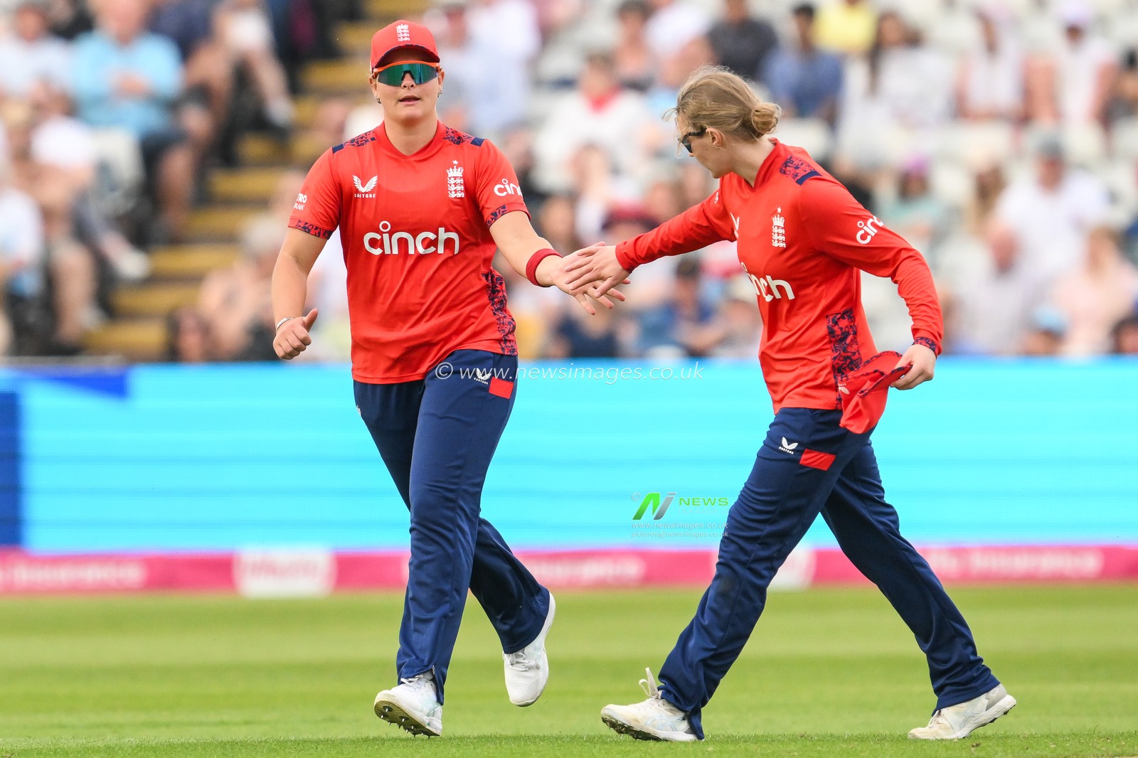 Danielle Gibson of England and Charlie Dean of England hi five during the First T20 International match England women vs Pakistan women at Edgbaston, Birmingham, United Kingdom, 11th May 2024

(Photo by Craig Thomas/News Images)