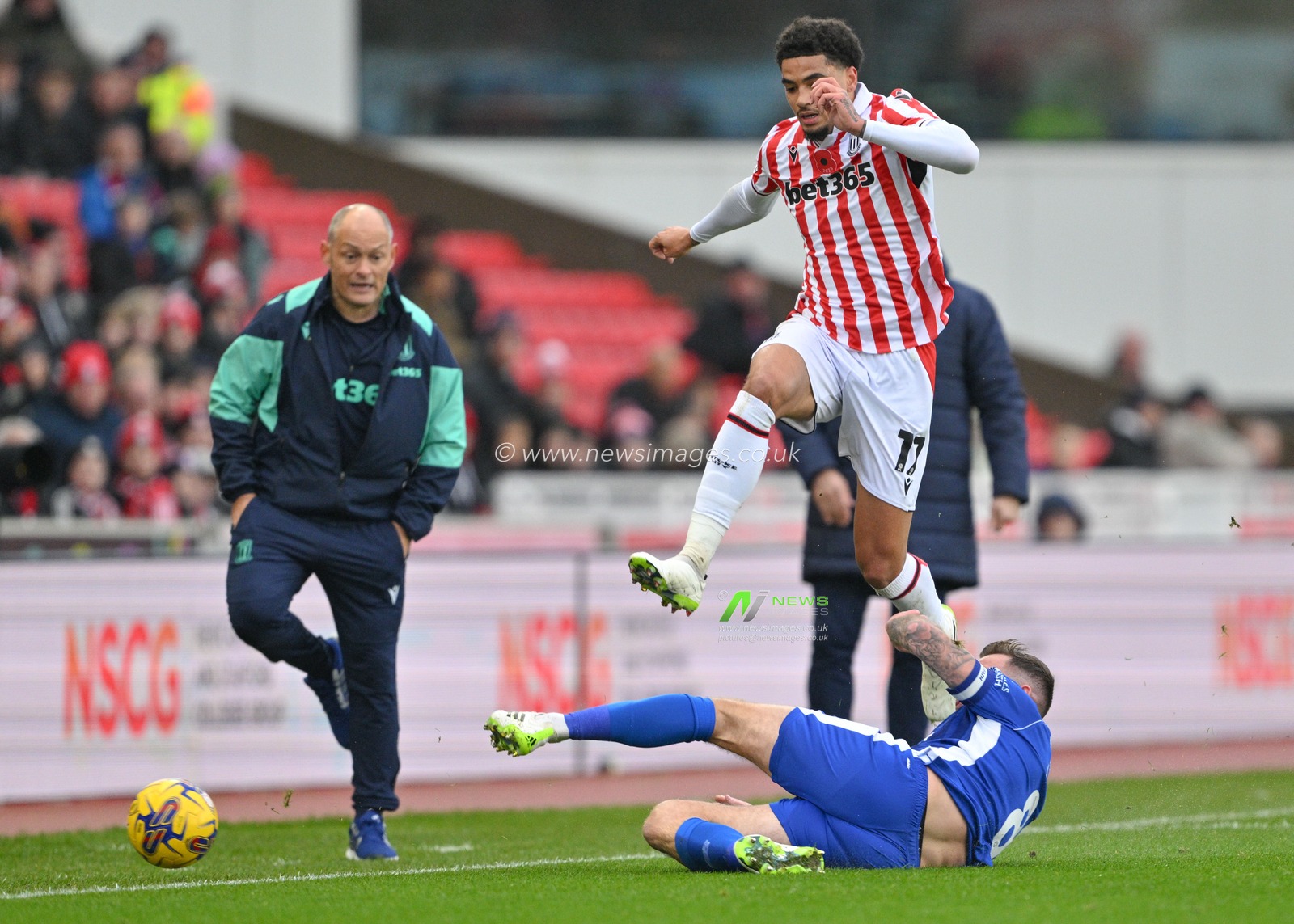 Ki-Jana Hoever 17# of Stoke City Football Club jumps over a challenge from Joe Ralls 8# of Cardiff City Association Football Club, during the Sky Bet Championship match Stoke City vs Cardiff City at Bet365 Stadium, Stoke-on-Trent, United Kingdom, 4th November 2023

(Photo by Cody Froggatt/News Images)
