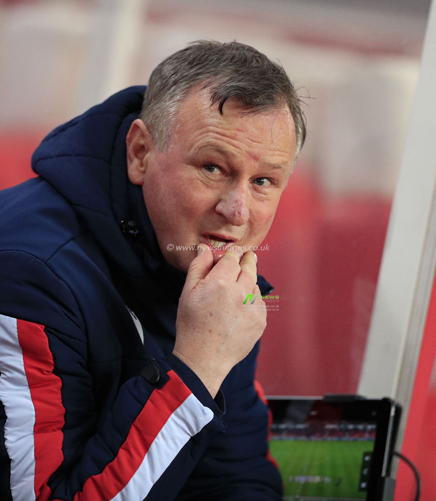 12th February 2020, Bet365 Stadium, Stoke-on-Trent, England; Sky Bet Championship, Stoke City v Preston North End : Stoke City manager Michael O'Neill takes his place in the dug out