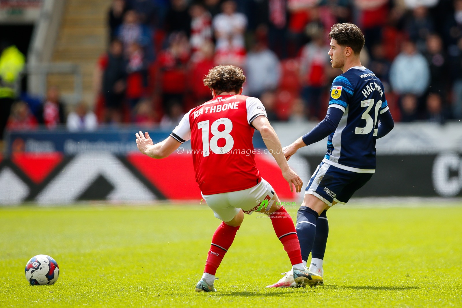 Hayden Hackney #30 of Middlesbrough and Ollie Rathbone #18 of Rotherham United during the Sky Bet Championship match Rotherham United vs Middlesbrough at New York Stadium, Rotherham, United Kingdom, 1st May 2023

(Photo by Ben Early/News Images)
