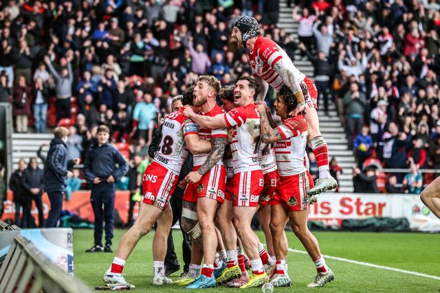 Bill Leyland of St Helens celebrates his try during the Betfred Super League round 7 match St Helens vs Wigan Warriors at The BrewDog Stadium, St Helens, United Kingdom on 03 April 2026

(Photo by Alfie Cosgrove/News Images)