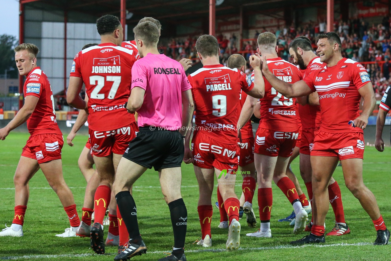 Matt Parcell (9) of Hull KR celebrates his try with Ryan Hall (5) of Hull KR