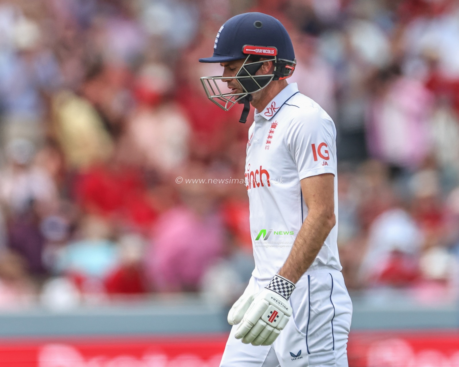 James Anderson of England leaves the field of play after England are all out during the Rothesay Test Match Day Two England v West Indies at Lords, London, United Kingdom, 11th July 2024

(Photo by Mark Cosgrove/News Images)