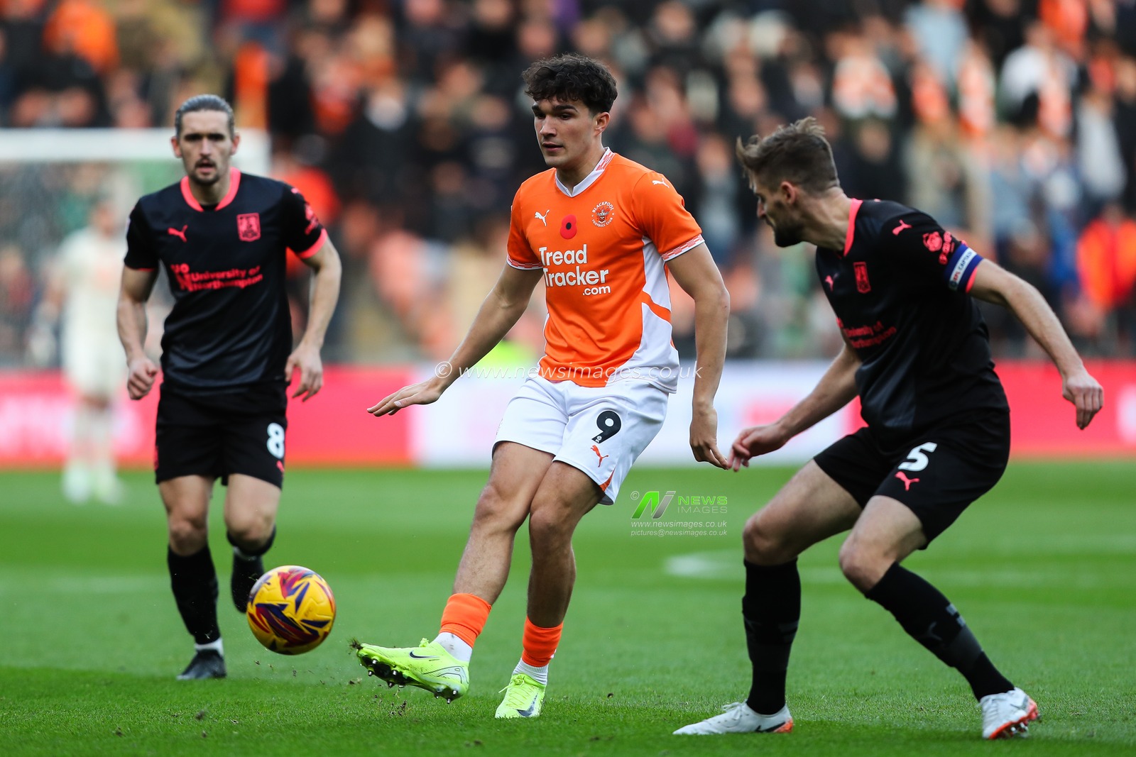 Kyle Joseph of Blackpool passes the ball during the Sky Bet League 1 match Blackpool vs Northampton Town at Bloomfield Road, Blackpool, United Kingdom, 16th November 2024

(Photo by Gareth Evans/News Images)