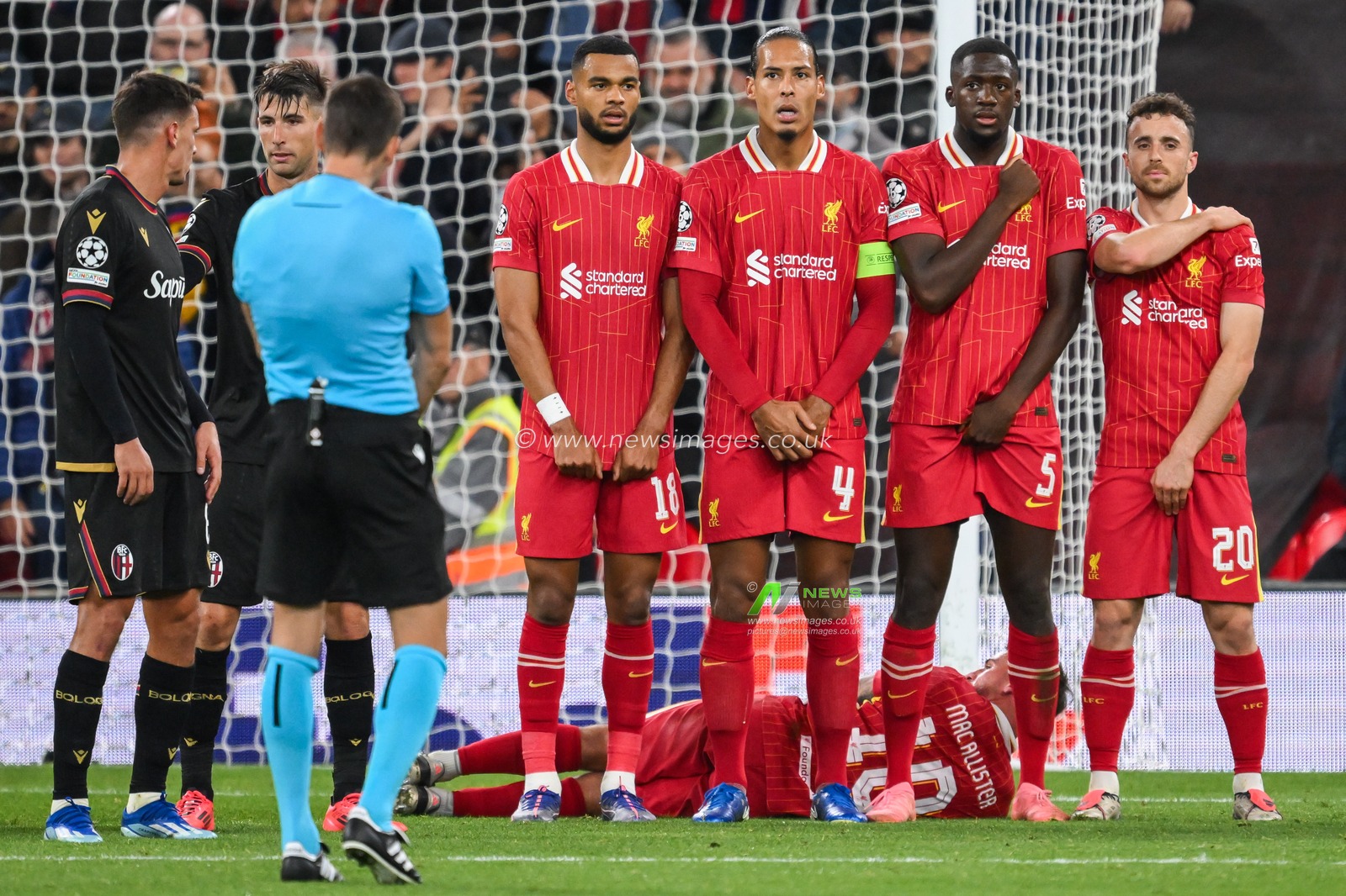 Liverpool form a wall during the UEFA Champions League  - League Stage match Liverpool vs Bologna at Anfield, Liverpool, United Kingdom, 2nd October 2024

(Photo by Craig Thomas/News Images)