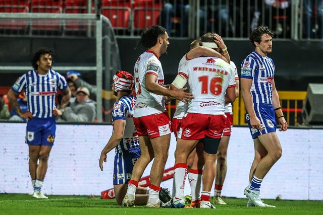 Jai Whitbread of Hull KR celebrates his try during the Betfred Super League round 6 match Hull KR vs St Helens at Sewell Group Craven Park, Hull, United Kingdom on 27 March 2026

(Photo by Alfie Cosgrove/News Images)