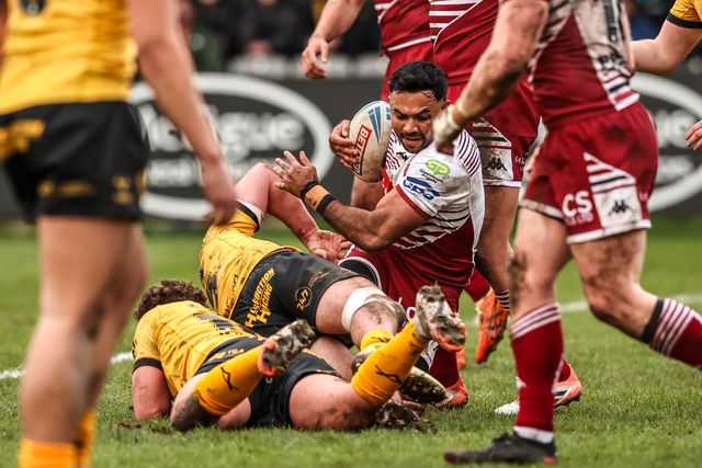 Bevan French of Wigan Warriors is tackled during the Betfred Super League round 1 match Castleford Tigers vs Wigan Warriors at OneBore Stadium, Castleford, Untied Kingdom on 15 February 2026

(Photo by Alfie Cosgrove/News Images)