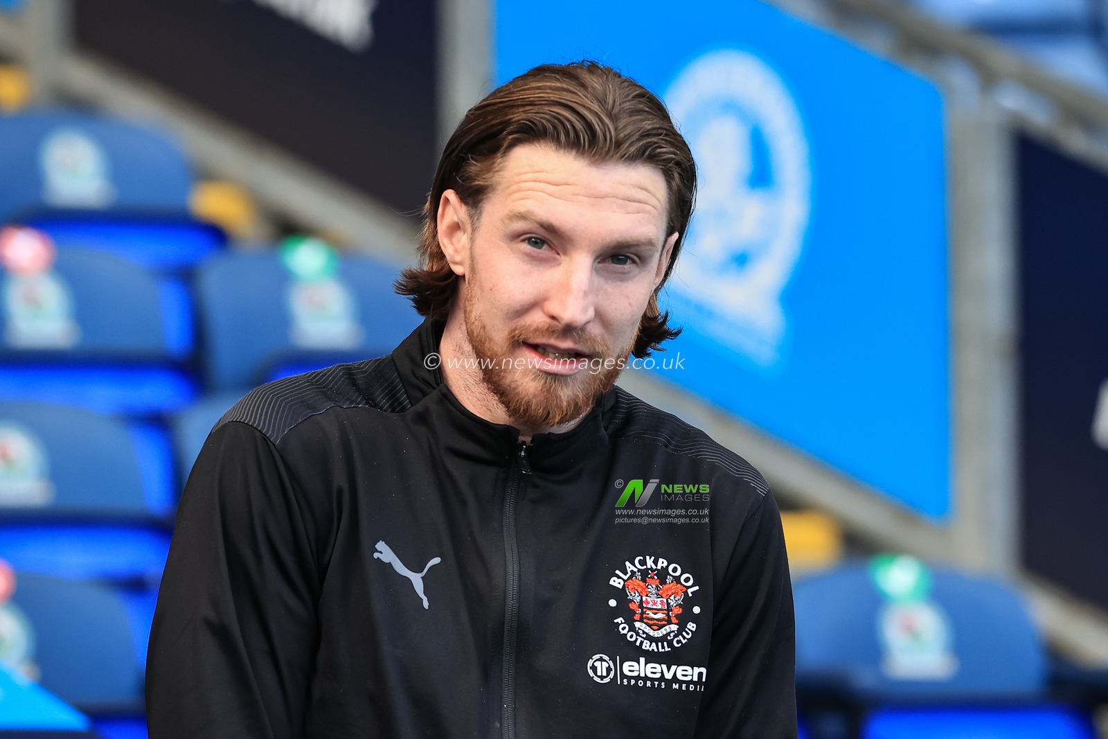 James Husband #3 of Blackpool arrives at Ewood Park