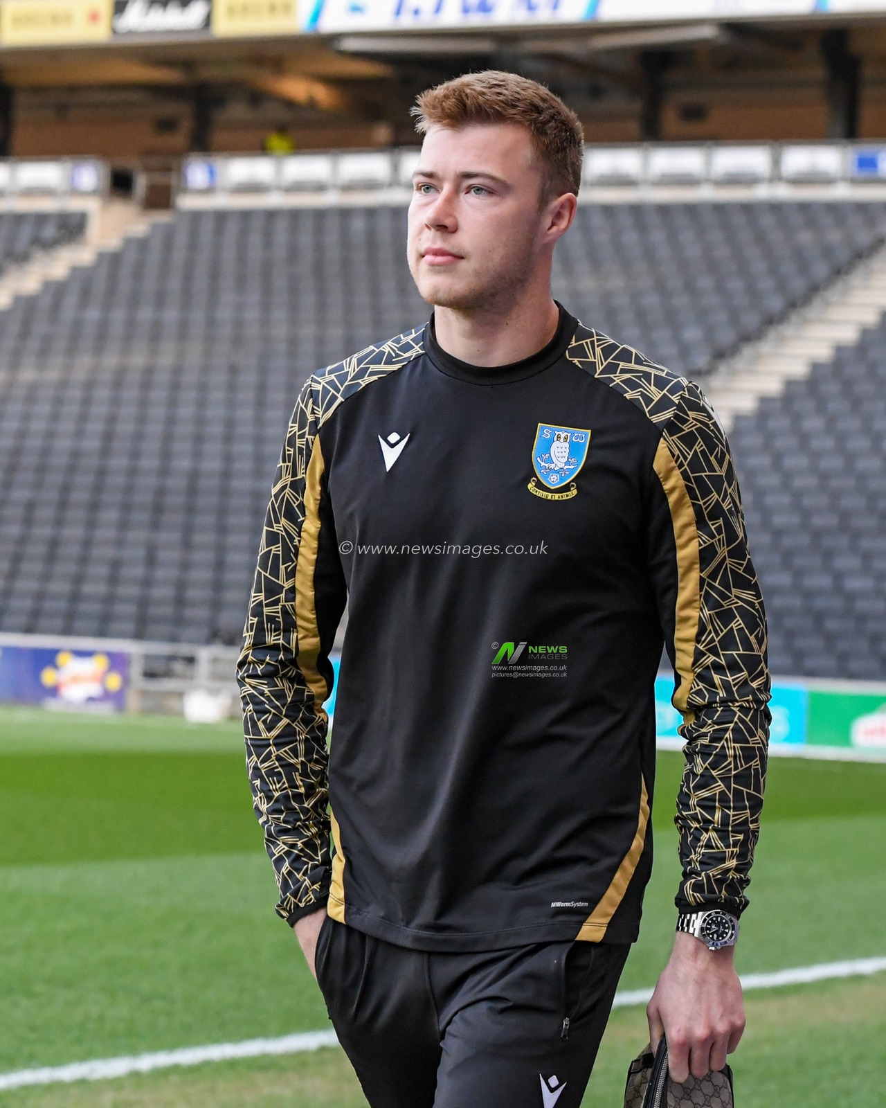 Bailey Peacock-Farrell #1 of Sheffield Wednesday arrives at Stadium MK for the game against Milton Keynes Dons