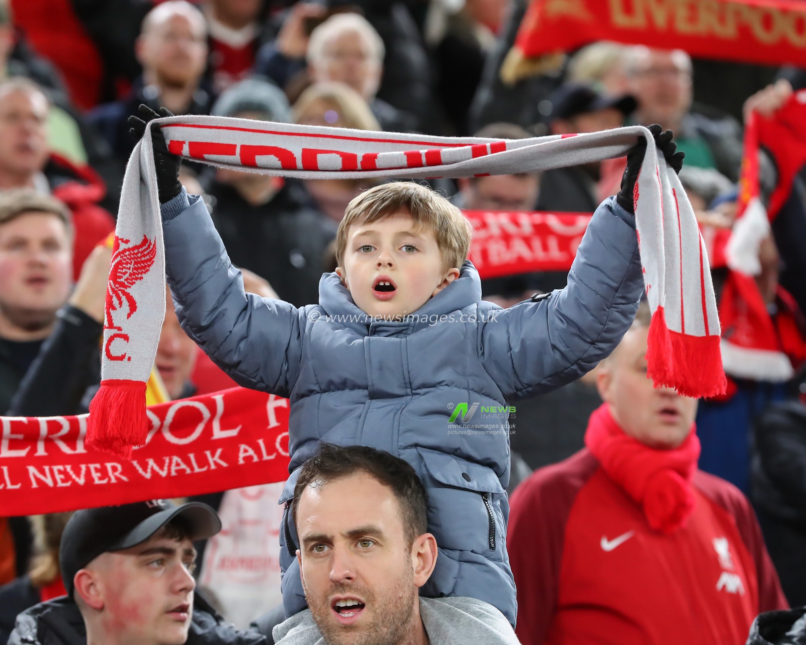 Young fan in full voice ahead of kick off, during the UEFA Europa League match Liverpool vs Sparta Prague at Anfield, Liverpool, United Kingdom, 14th March 2024

(Photo by Gareth Evans/News Images)