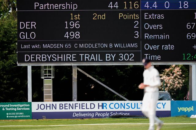 A general view of the scoreboard during the County Championship Division Two Derbyshire v Gloucestershire at The Central Co-Op County Ground, Derby, United Kingdom on 26 April 2026

(Photo by Maynard Manyowa/News Images)