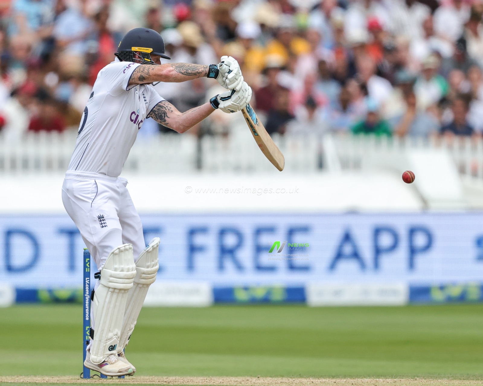 Ben Stokes of England hits the ball for two runs to make it up to his century and a half (150) during the LV= Insurance Ashes Test Series Second Test Day 5 England v Australia at Lords, London, United Kingdom, 2nd July 2023

(Photo by Mark Cosgrove/News Images)