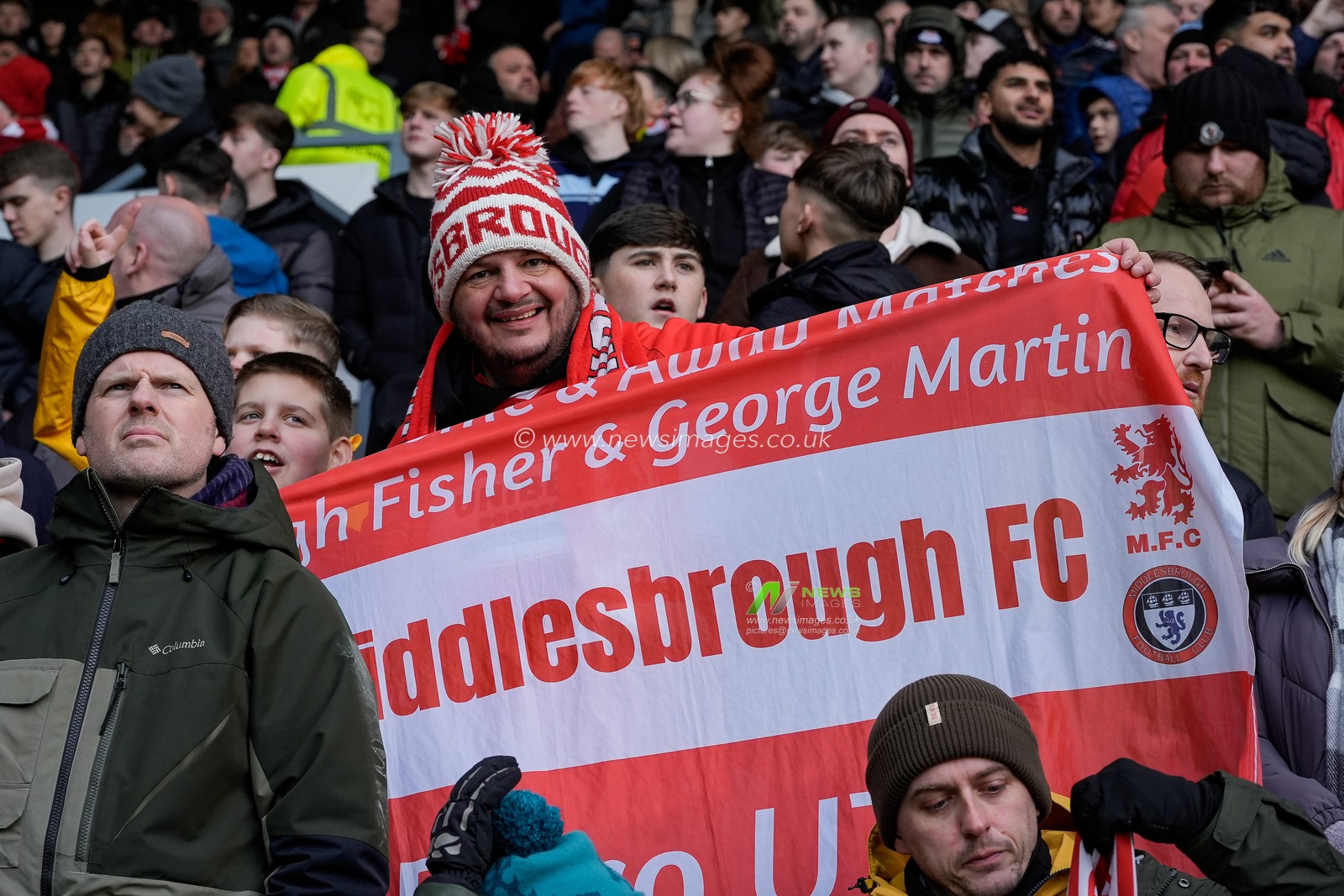 Middlesbrough fans with a flag prior to kick off during the Sky Bet Championship match Derby County vs Middlesbrough at Pride Park Stadium, Derby, United Kingdom, 1st January 2026

(Photo by Maynard Manyowa/News Images)

*** GER AUT SUI OUT ***