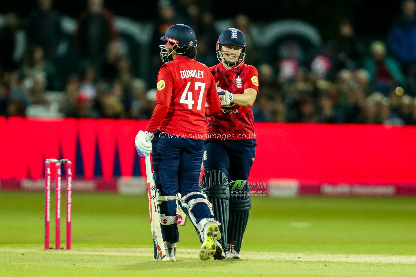 Sophia Dunkley and Heather Knight of England Women celebrate during the 1st Vitality IT20 Series England Women v West Indies Women at The Spitfire Ground, Canterbury, United Kingdom, 21st May 2025

(Photo by Izzy Poles/News Images)