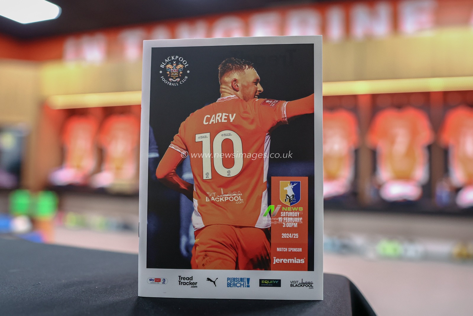 Sonny Carey of Blackpool on the front cover of todays match day program during the Sky Bet League 1 match Blackpool vs Mansfield Town at Bloomfield Road, Blackpool, United Kingdom, 15th February 2025

(Photo by Mark Cosgrove/News Images)