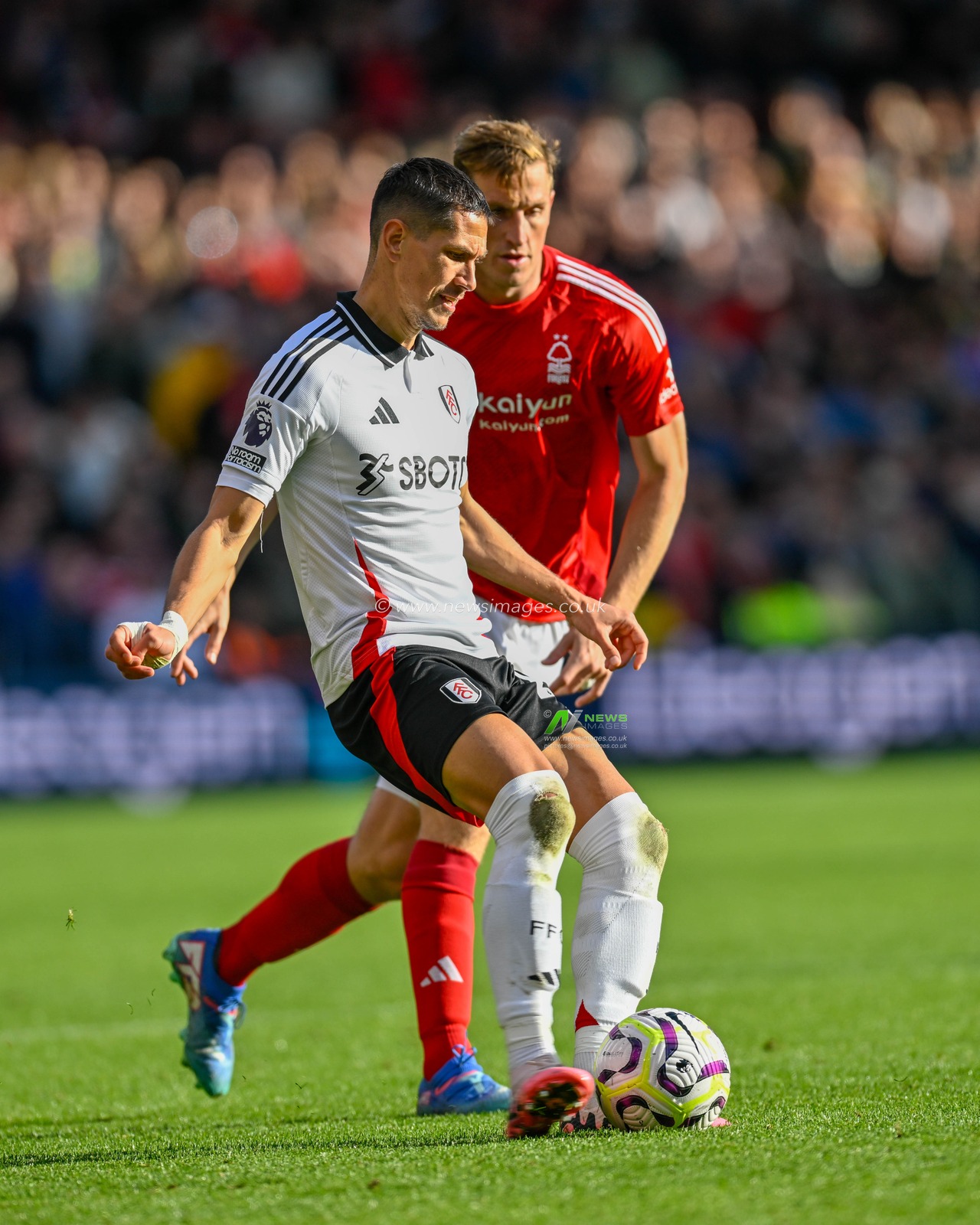 Chris WOOD of Nottingham Forrest and Sasa LUKIC of Fulham FC battle for the ball during the Premier League match Nottingham Forest vs Fulham at City Ground, Nottingham, United Kingdom, 28th September 2024

(Photo by Mark Dunn/News Images)