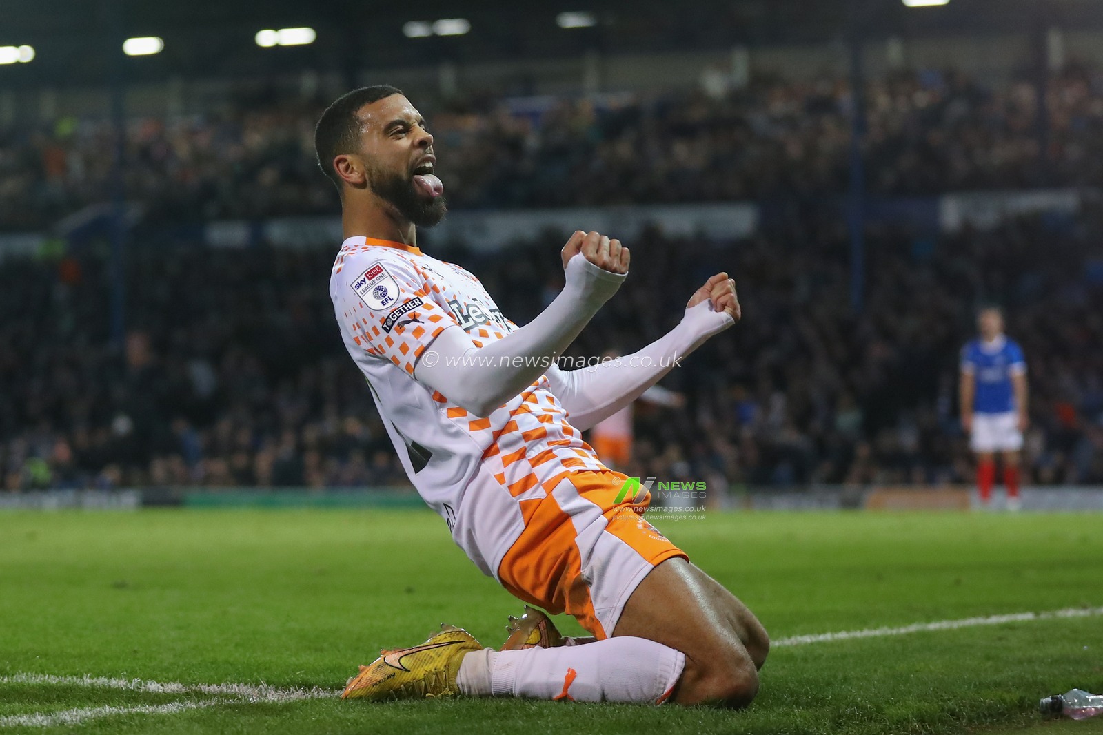 CJ Hamilton #22 of Blackpool celebrates his goal to make it 0-3 during the Sky Bet League 1 match Portsmouth vs Blackpool at Fratton Park, Portsmouth, United Kingdom, 25th November 2023

(Photo by Gareth Evans/News Images)