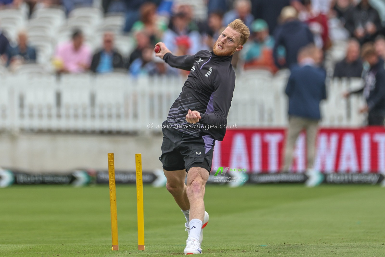 Ben Stokes of England delivers the ball in the pregame warmup during the Rothesay First Test Match Day Three England v West Indies at Lords, London, United Kingdom, 12th July 2024

(Photo by Mark Cosgrove/News Images)