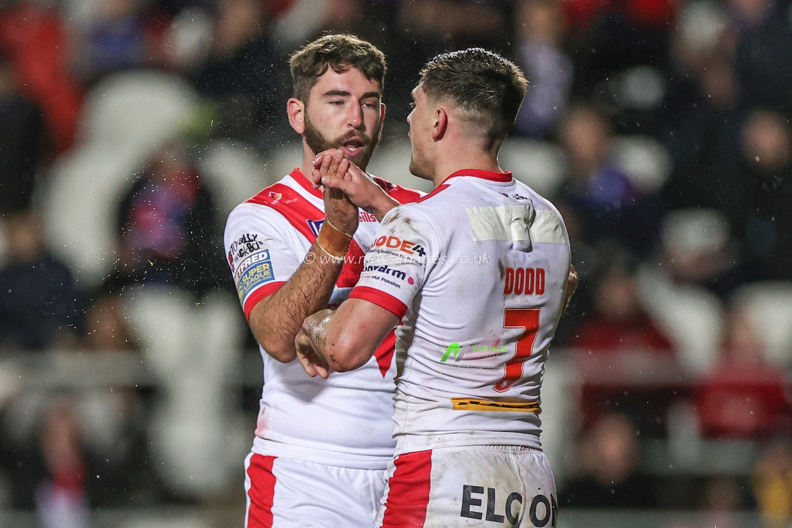 Lewis Dodd #7 of St Helens celebrates their try during the Betfred Super League Round 7 match St Helens vs Wakefield Trinity at Totally Wicked Stadium, St Helens, United Kingdom, 31st March 2023

(Photo by Mark Cosgrove/News Images)