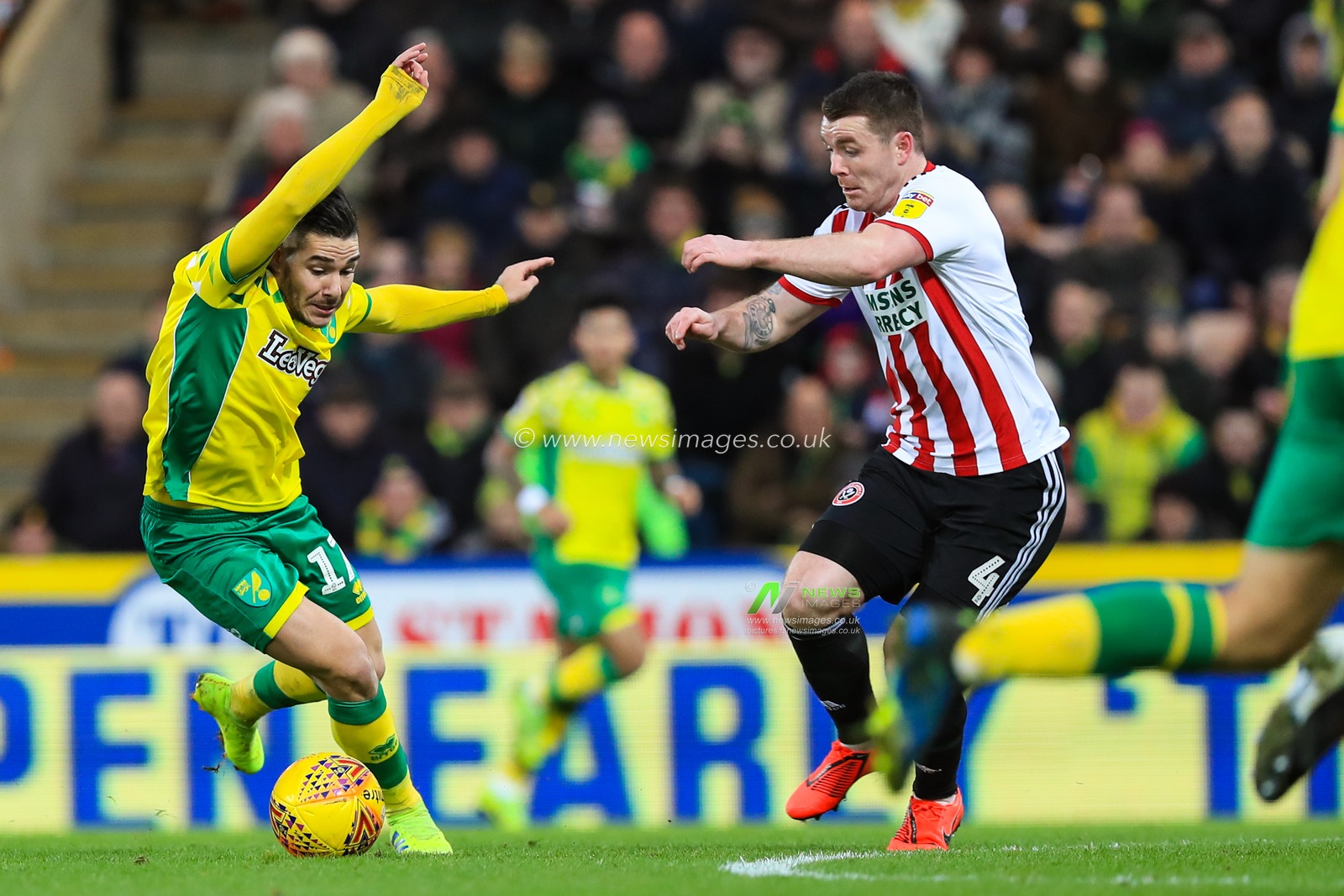 26th January 2019, Carrow Road, Norfolk, England; Sky Bet Championship, Norwich City vs Sheffield United ;  Emiliano Buendia (17) of Norwich City and John Fleck (04) of Sheffield United eye the ball

Credit: Georgie Kerr/News Images

English Football League images are subject to DataCo Licence