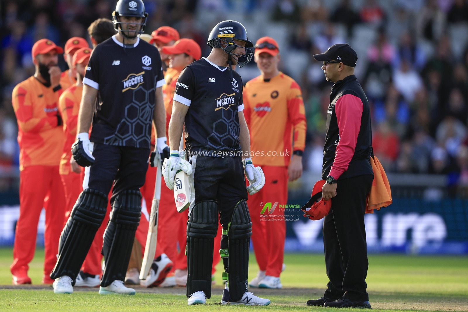 Jos Buttler of Manchester Originals queries the decision of the video umpire to give him run out during The Hundred match Manchester Originals vs Birmingham Phoenix at Old Trafford, Manchester, United Kingdom, 7th August 2023

(Photo by Conor Molloy/News Images)
