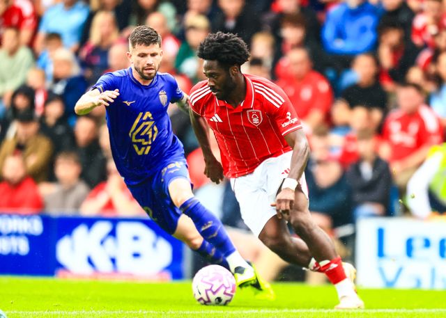 Caio Henrique of Monaco pressures Ola Aina of Nottingham Forest during the Pre-season friendly match Nottingham Forest vs Monaco at SMH Group Stadiumact Stadium, Chesterfield, United Kingdom, 19th July 2025

(Photo by Richard Bierton/News Images)