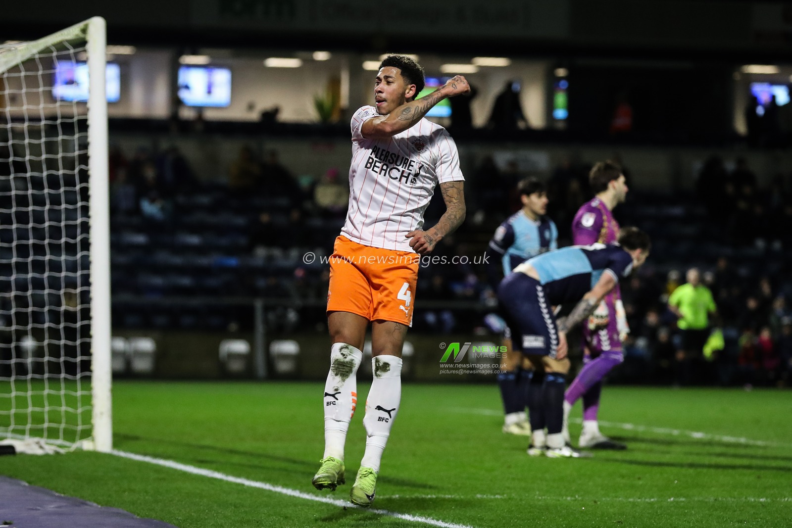 Jordan Lawrence-Gabriel of Blackpool celebrates his side's goal to make it 1-1 during the Sky Bet League 1 match Wycombe Wanderers vs Blackpool at Adams Park, High Wycombe, United Kingdom, 4th January 2025

(Photo by Gareth Evans/News Images)