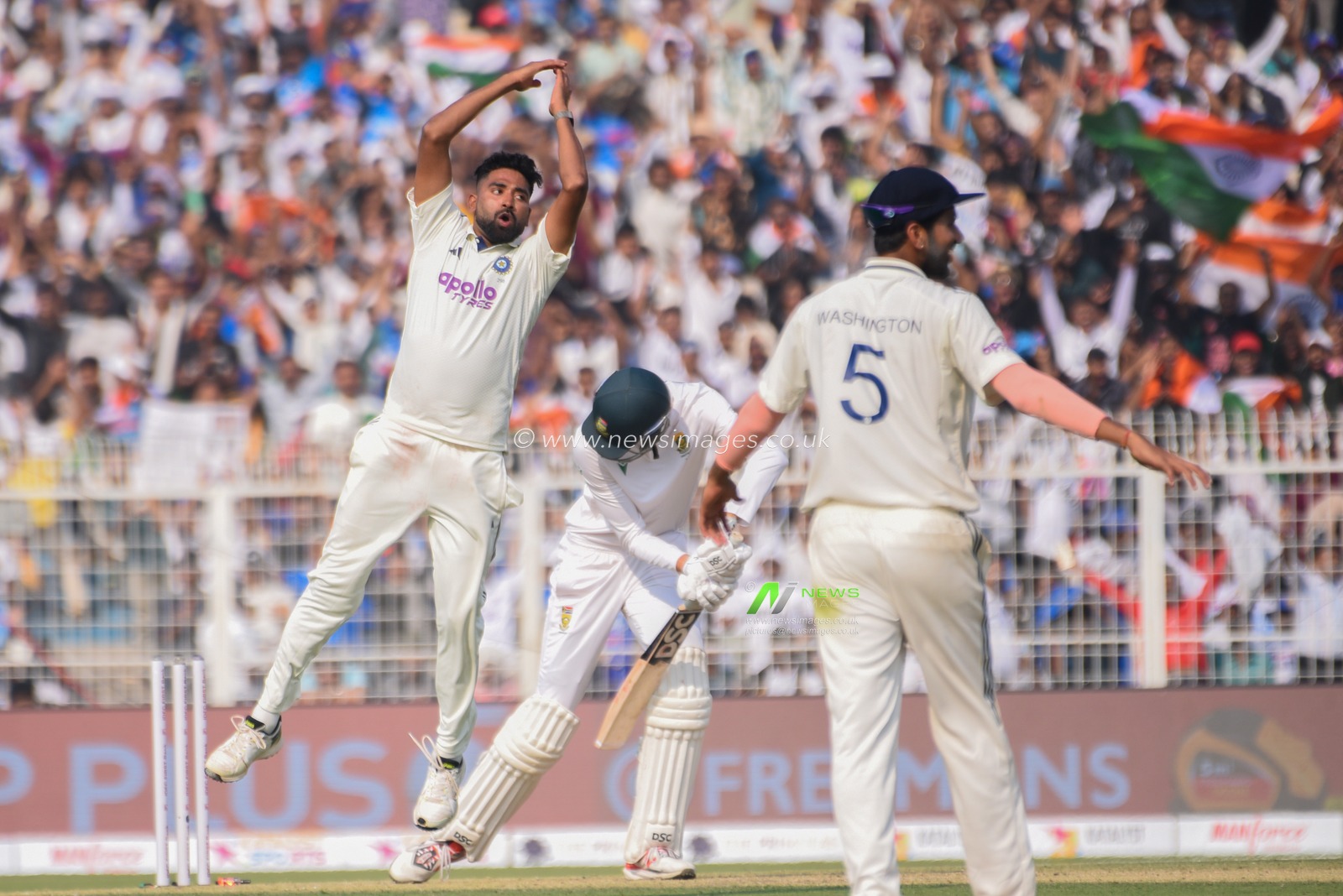 India's Mohammed Siraj celebrates the wicket of South Africa's Marco Jansen during the first day of the first Test cricket match between India and South Africa, at the Eden Gardens, in Kolkata, Friday, Nov. 14, 2025.Photo by Debajyoti Chakraborty.