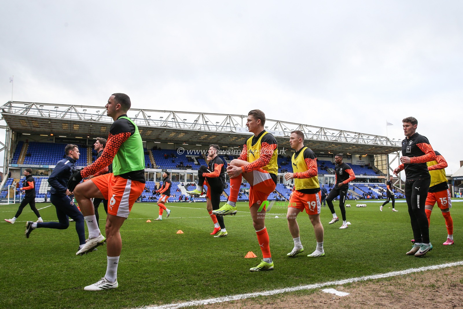Blackpool players during the pre-game warm up ahead of the Sky Bet League 1 match Peterborough United vs Blackpool at Weston Homes Stadium, Peterborough, United Kingdom, 17th February 2024

(Photo by Gareth Evans/News Images)