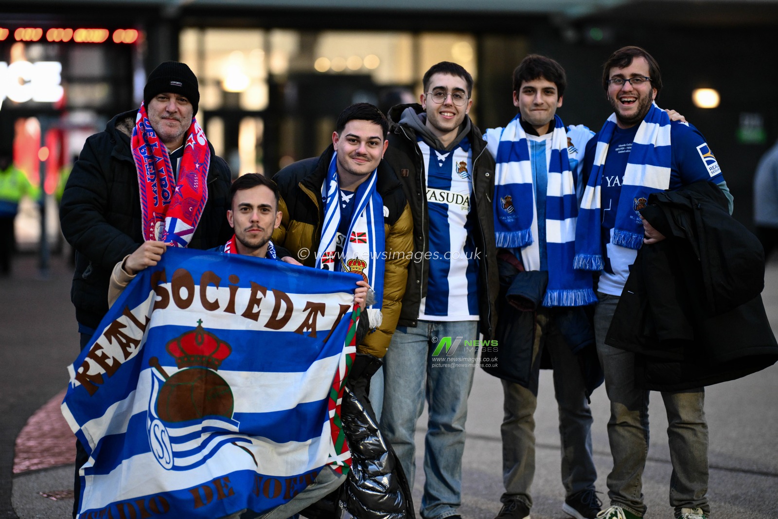 Real Sociedad fans arrive at Old Trafford during the UEFA Europa League Last 16 match Manchester United vs Real Sociedad at Old Trafford, Manchester, United Kingdom, 13th March 2025

(Photo by Craig Thomas/News Images)