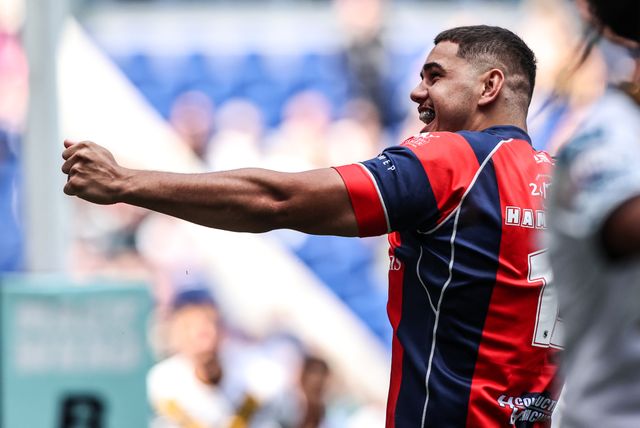 Caleb Hamlin-Uele of Wakefield Trinity celebrates his try during the Betfred Super League Magic Weekend match Wakefield Trinity vs Castleford Tigers at Hill Dickinson Stadium, Liverpool, United Kingdom on 05 July 2026

(Photo by Alfie Cosgrove/News Images)