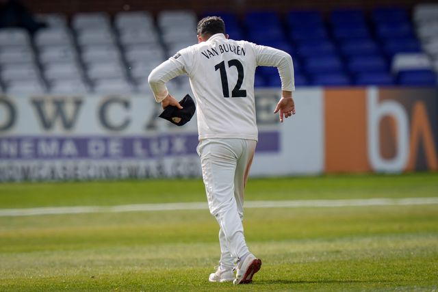Graeme van Buuren limps after a potential injury during the County Championship Division Two Derbyshire v Gloucestershire at The Central Co-Op County Ground, Derby, United Kingdom on 26 April 2026

(Photo by Maynard Manyowa/News Images)
