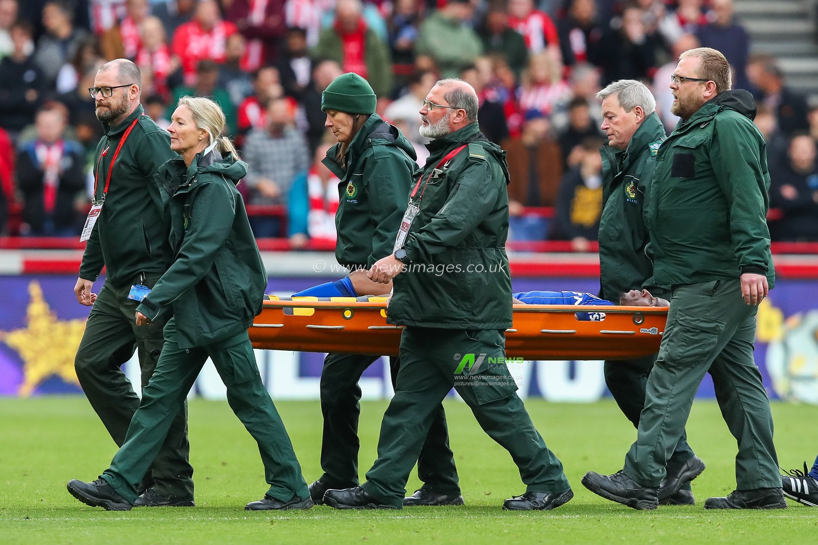 Chiedozie Ogbene of Ipswich Town is stretched off with injury during the Premier League match Brentford vs Ipswich Town at The Gtech Community Stadium, London, United Kingdom, 26th October 2024

(Photo by Izzy Poles/News Images)