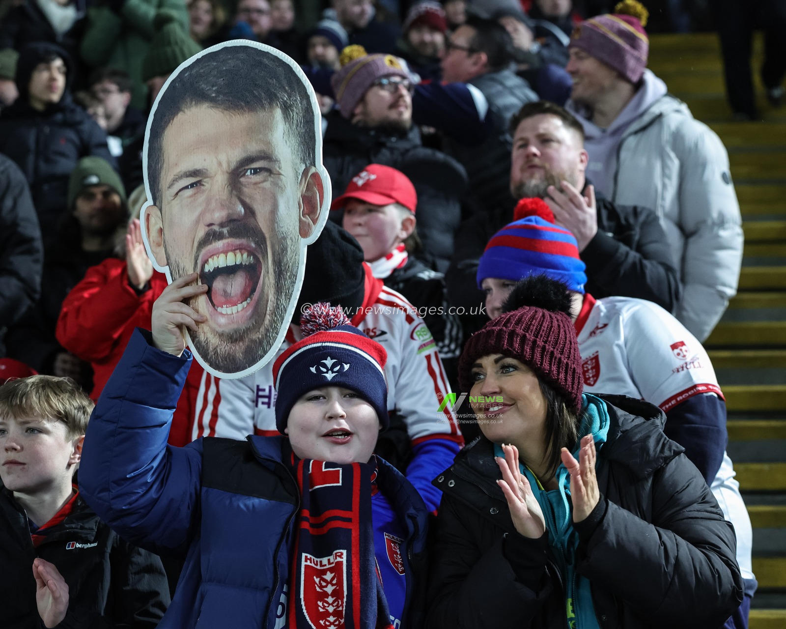 Hull KR fans hold a Oliver Gildart of Hull KR mask up  during the World Club Challenge 2026 match Hull KR vs Brisbane Broncos at MKM Stadium, Hull, United Kingdom on 19 February 2026

(Photo by Mark Cosgrove/News Images)