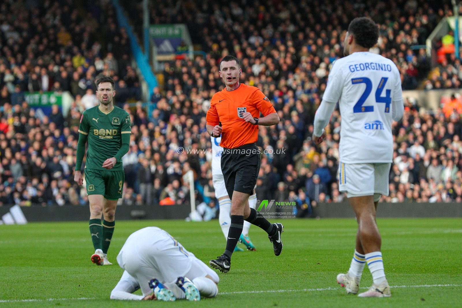Referee Lewis Smith awards a free kick to Leeds just outside the box during the Emirates FA Cup  Fourth Round match Leeds United vs Plymouth Argyle at Elland Road, Leeds, United Kingdom, 27th January 2024

(Photo by James Heaton/News Images)