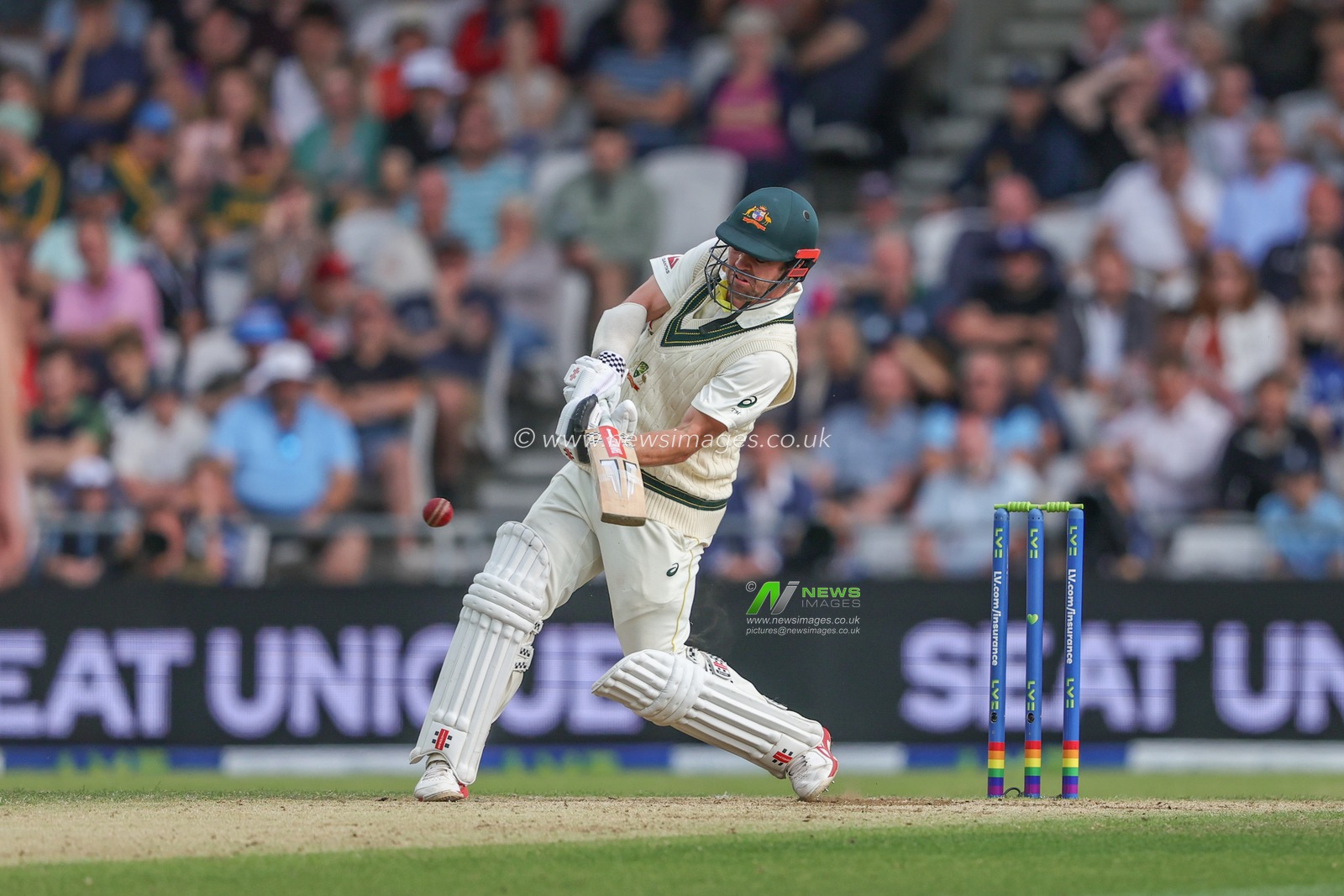 Travis Head of Australia hits the ball for four runs and notches up his half century (50 runs) during the LV= Insurance Ashes Third Test Series Day 3 England v Australia at Headingley Stadium, Leeds, United Kingdom, 8th July 2023

(Photo by Mark Cosgrove/News Images)