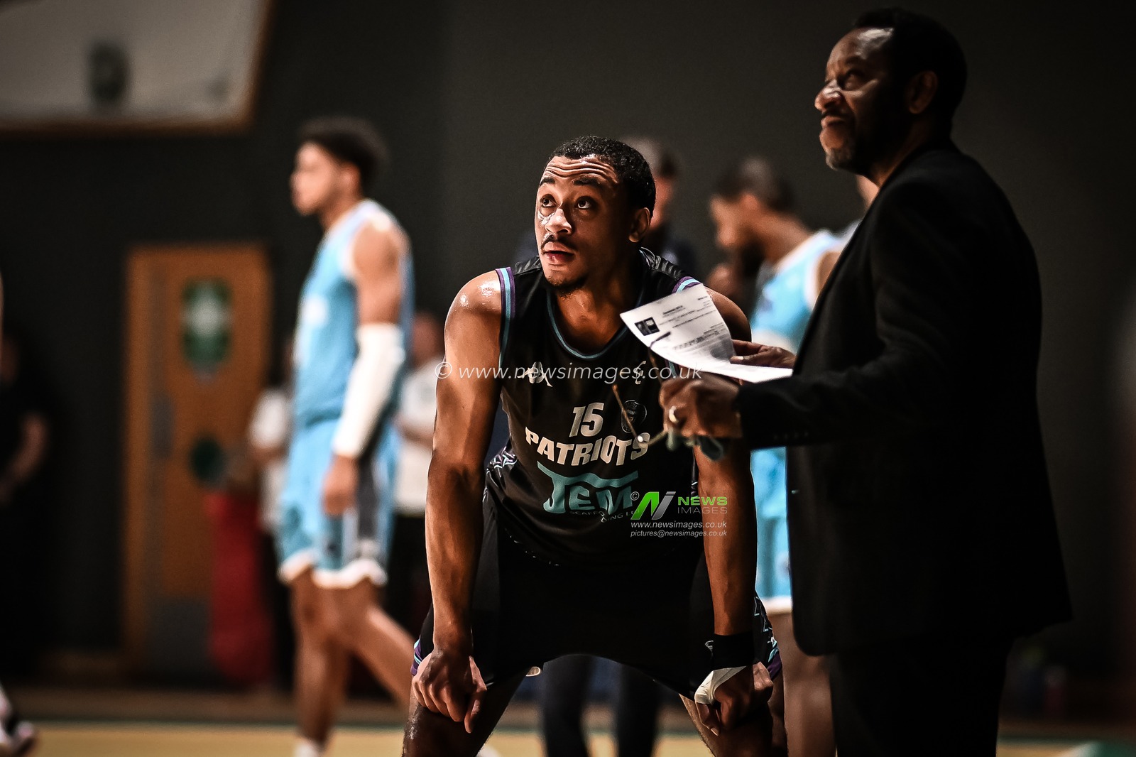 Tj Atwood #15 of Plymouth City Patriots during a break in playduring the British Basketball Championship match Plymouth City Patriots vs Caledonia Gladiators at Plymouth Pavilions, Plymouth, United Kingdom, 3rd November 2023

(Photo by Craig Thomas/News Images)