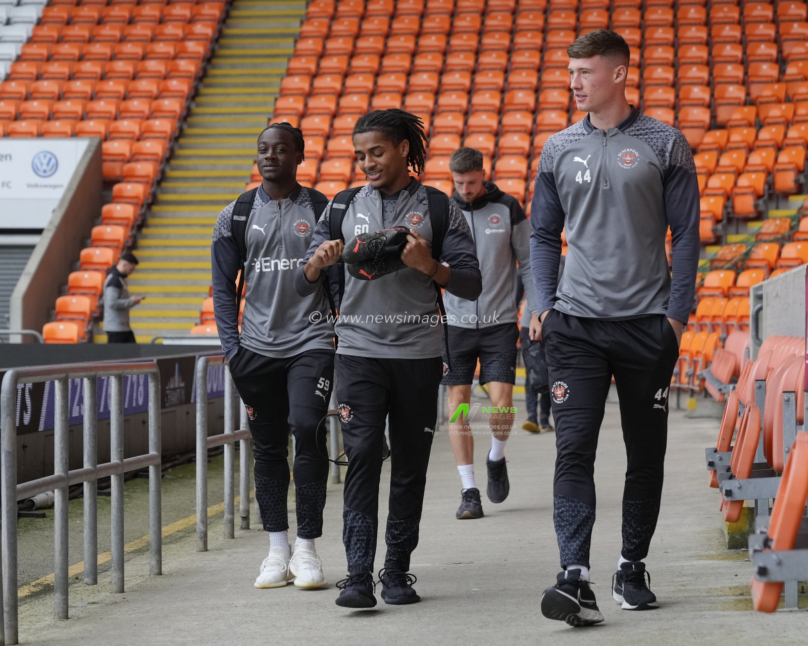 Kwaku Donkor #45 of Blackpool, Dannen Francis #60 of Blackpool and Will Squires #44 of Blackpool arrive at the stadium before the EFL Trophy match Blackpool vs Liverpool U21 at Bloomfield Road, Blackpool, United Kingdom, 10th October 2023

(Photo by Steve Flynn/News Images)