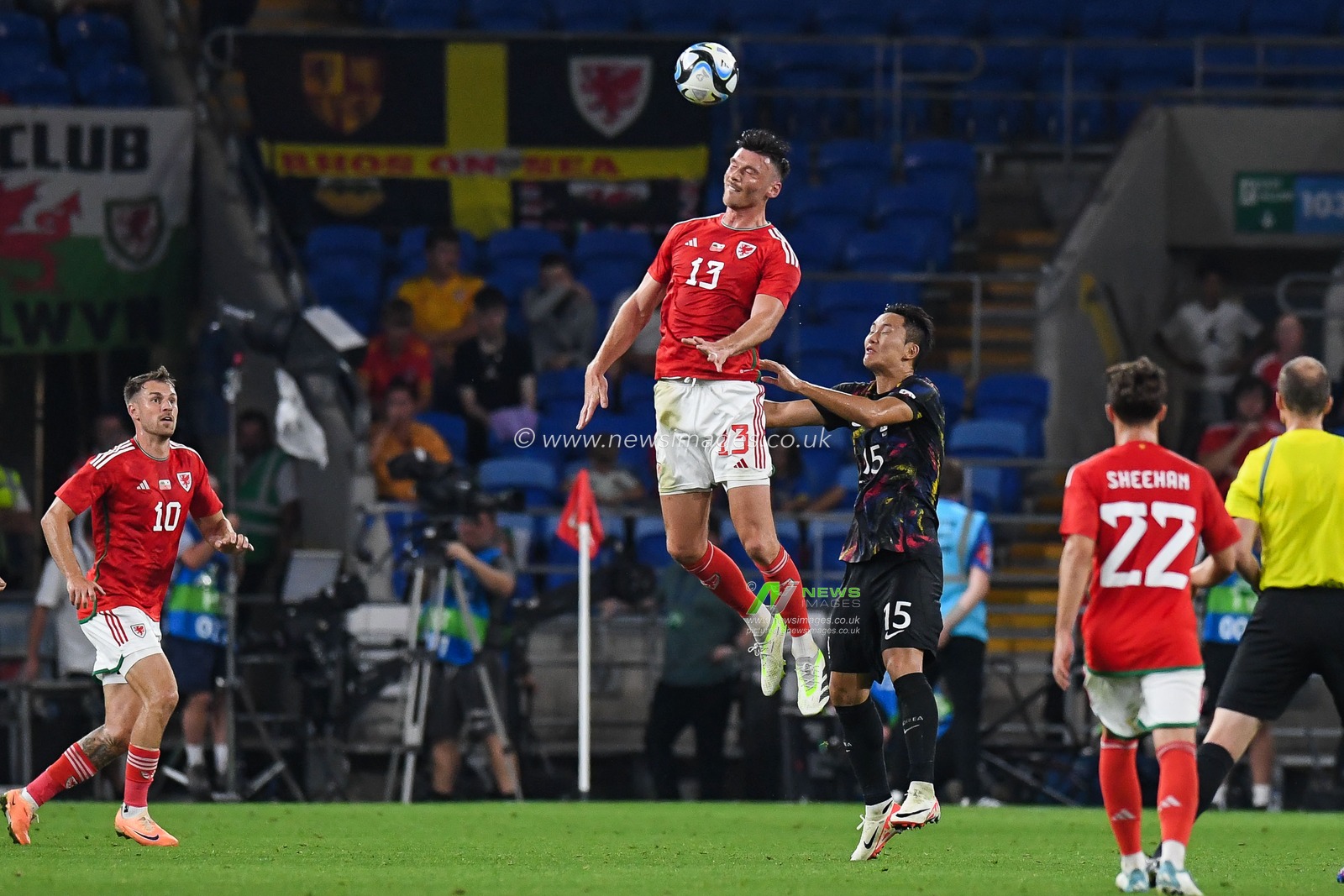 Kieffer Moore of Wales wins the header during the International Friendly match Wales vs Korea Republic at Cardiff City Stadium, Cardiff, United Kingdom, 7th September 2023

(Photo by Mike Jones/News Images)