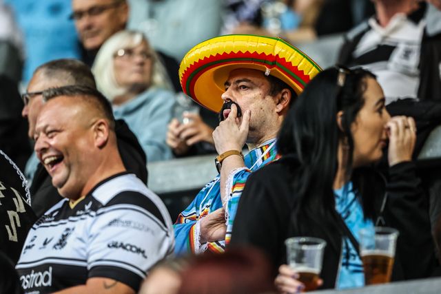 Hull FC fans in the away stand during the Betfred Super League round 23 match St Helens vs Hull FC at Totally Wicked Stadium, St Helens, United Kingdom, 22nd August 2025

(Photo by Alfie Cosgrove/News Images)