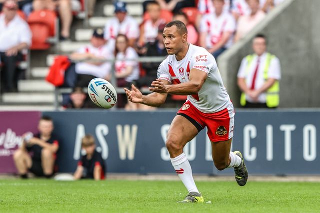 Moses Mbye of St. Helens passes the ball during the Betfred Super League round 16 match St Helens vs Salford Red Devils at Totally Wicked Stadium, St Helens, United Kingdom, 29th June 2025

(Photo by Alfie Cosgrove/News Images)