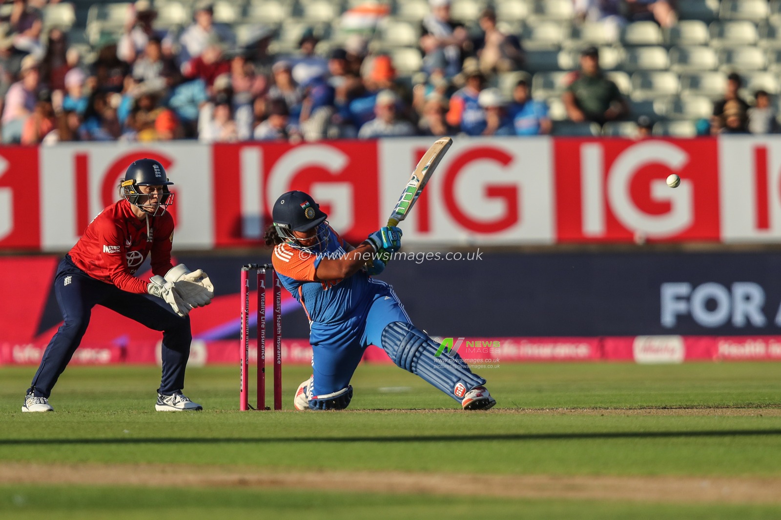 Richa Ghosh of India plays a shot during the 5th Vitality IT20 England Women vs India Women at Edgbaston, Birmingham, United Kingdom, 12th July 2025

(Photo by Izzy Poles/News Images)