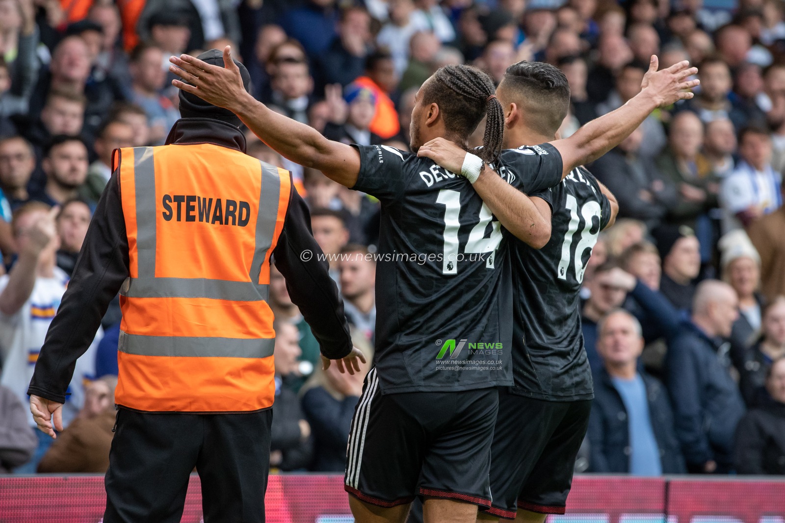 Bobby Decordova-Reid #14 of Fulham celebrates his goal and makes the score 1-2 during the Premier League match Leeds United vs Fulham at Elland Road, Leeds, United Kingdom, 23rd October 2022

(Photo by James Heaton/News Images)