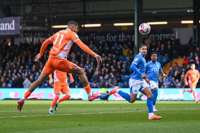 Ashley Fletcher of Blackpool scores to make it 0-1 during the Sky Bet League 1 match Stockport County vs Blackpool at Edgeley Park Stadium, Stockport, United Kingdom, 1st March 2025

(Photo by Craig Thomas/News Images)