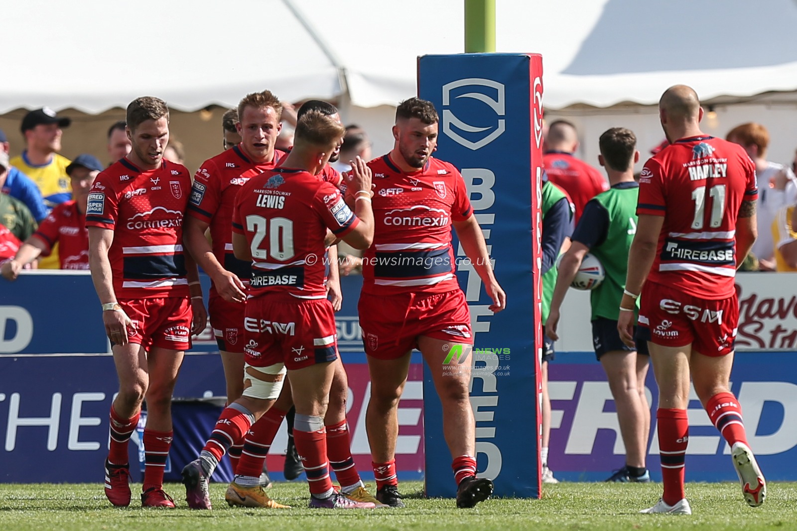 Matty Storton #13 of Hull KR scores his try but no celebration