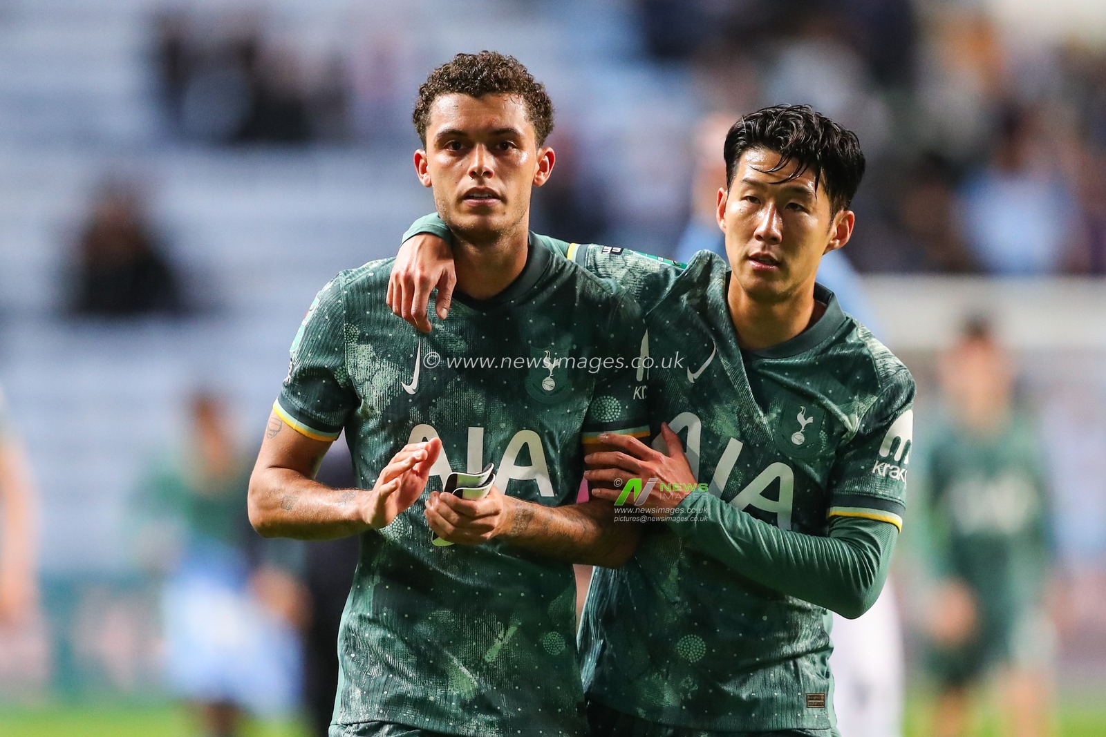 Brennan Johnson of Tottenham Hotspur and Son Heung-Min of Tottenham Hotspur embrace after the Carabao Cup match Coventry City vs Tottenham Hotspur at Coventry Building Society Arena, Coventry, United Kingdom, 18th September 2024

(Photo by Gareth Evans/News Images)
