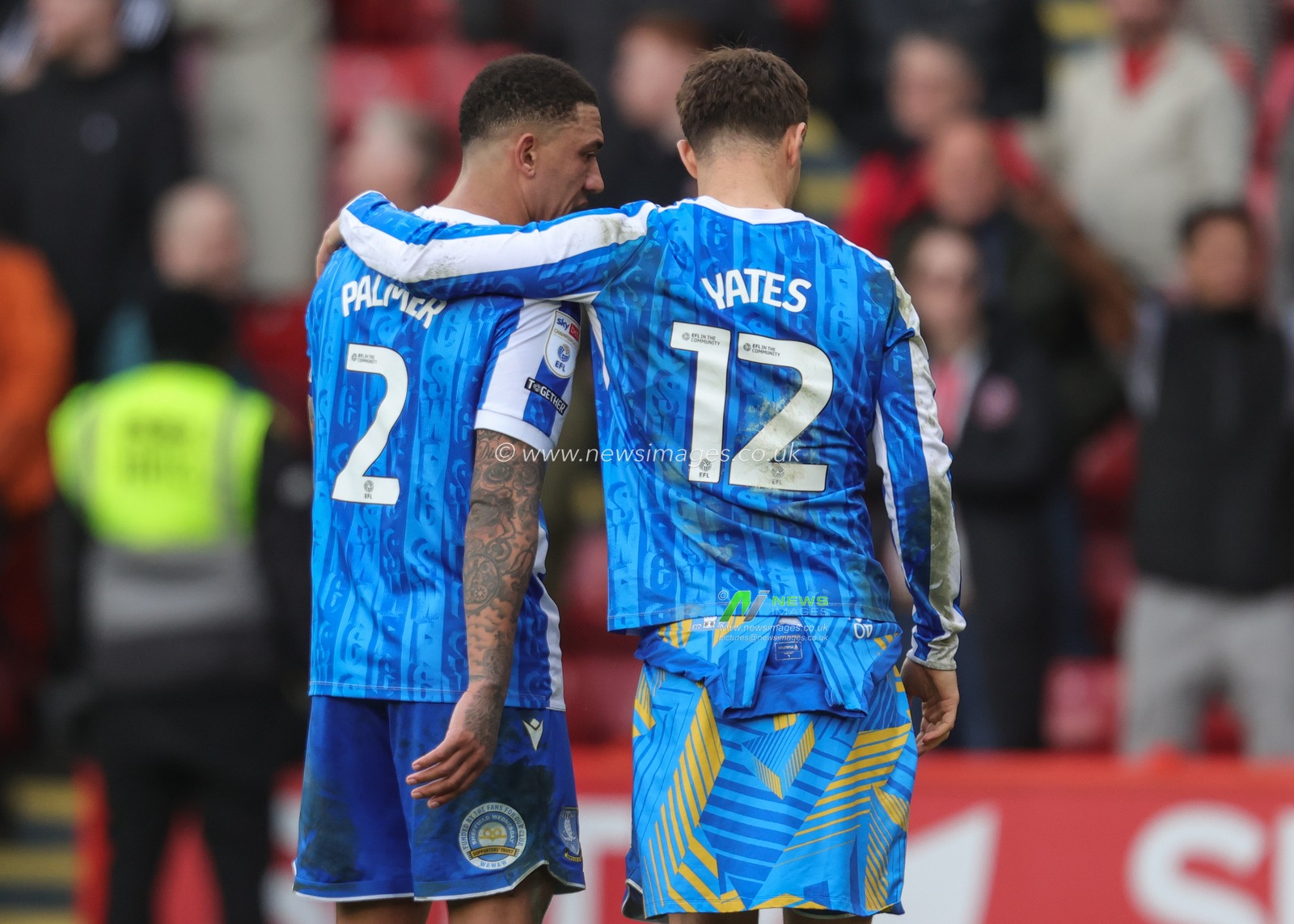 Liam Palmer of Sheffield Wednesday and Jerry Yates of Sheffield Wednesday at full time during the Sky Bet Championship match Sheffield United vs Sheffield Wednesday at Bramall Lane, Sheffield, United Kingdom on 22 February 2026

(Photo by Richard Bierton/News Images)