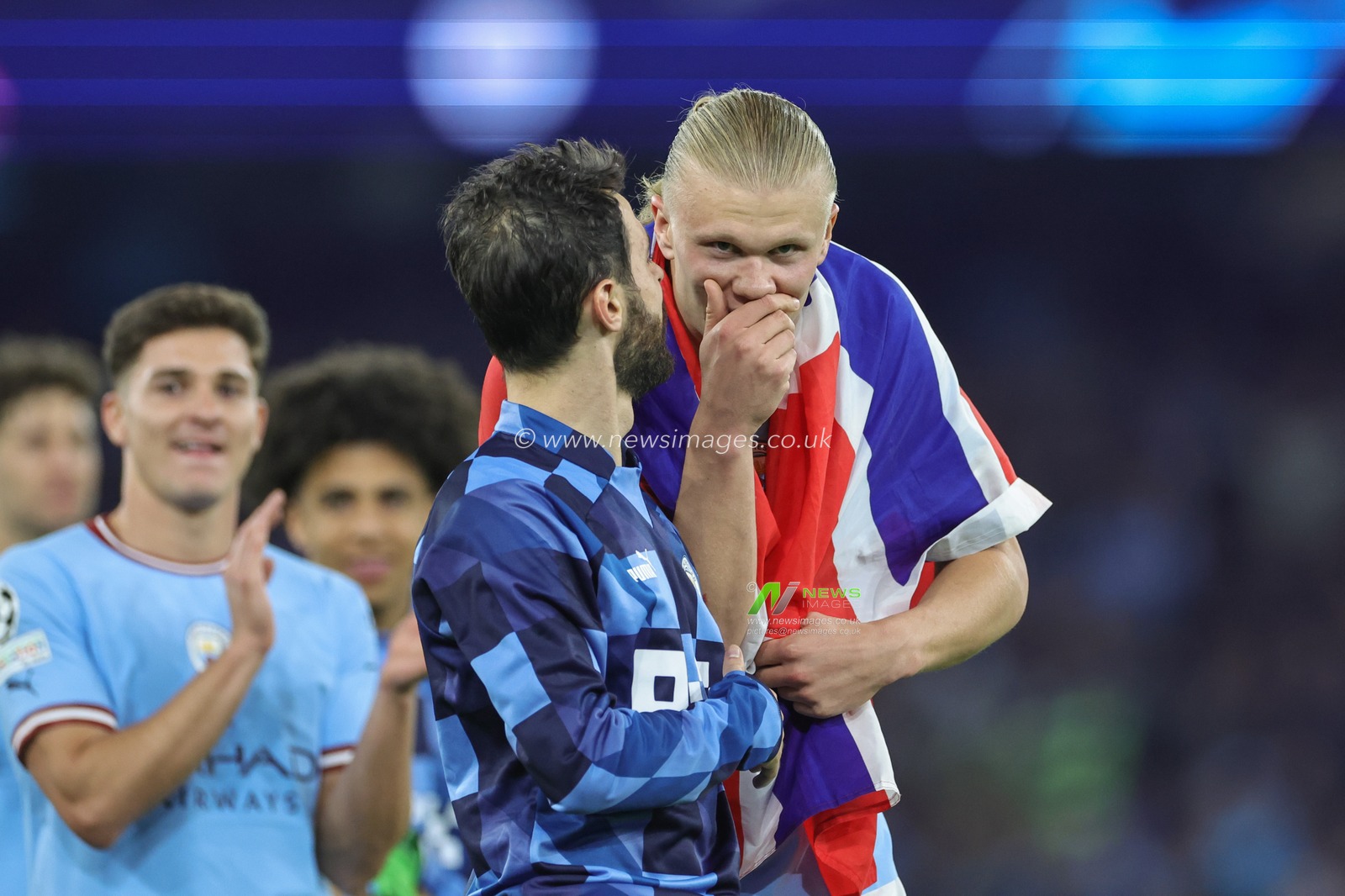 Bernardo Silva #20 of Manchester City and Erling Haaland #9 of Manchester City talk to each other after the UEFA Champions League Semi-Final Second Leg Manchester City vs Real Madrid at Etihad Stadium, Manchester, United Kingdom, 17th May 2023

(Photo by Mark Cosgrove/News Images)