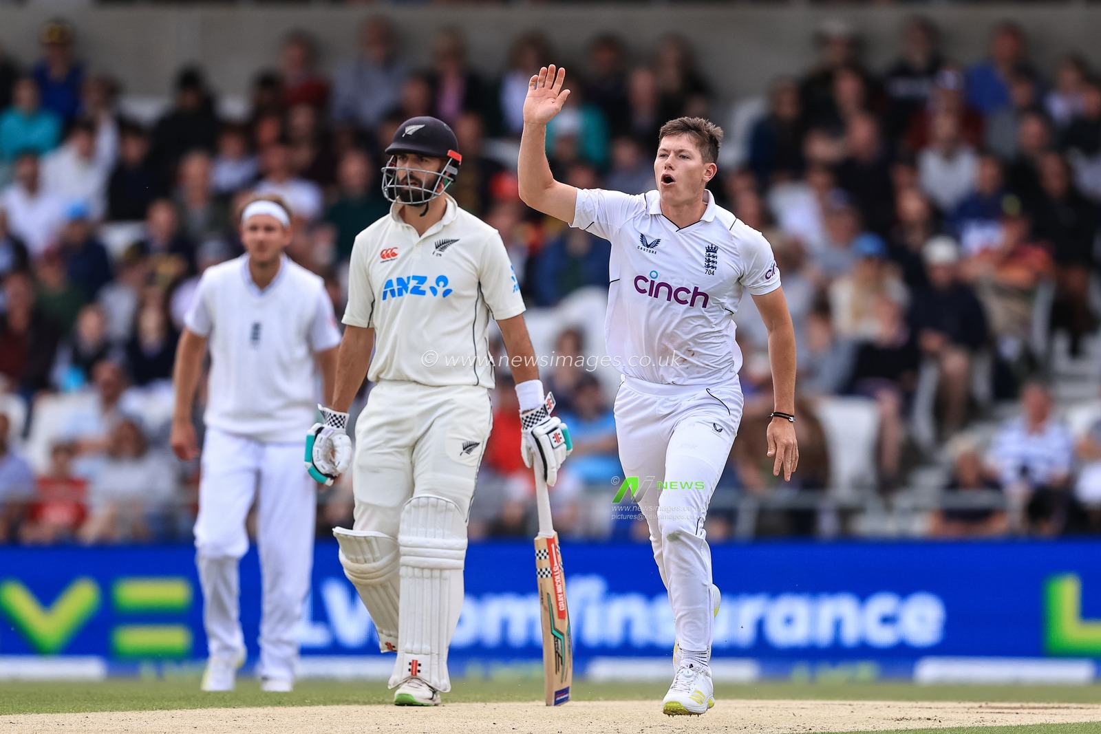 Matthew Potts of England appeals after delivering to Tom Blundell of New Zealand